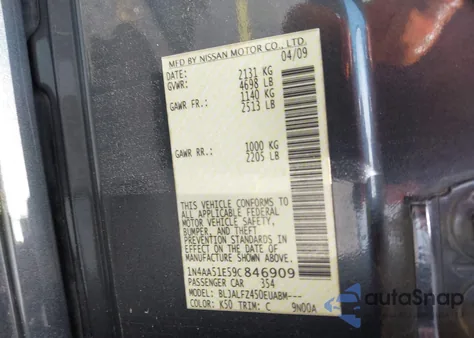 2009 Nissan Maxima 3.5 Sv from USA, damaged, VIN 1N4AA51E59C846909